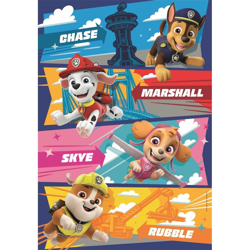 Puzzle Paw Patrol. 60 pezzi. Chase, Marshall, Skye e Rubble raffigurati. Sfondo blu.