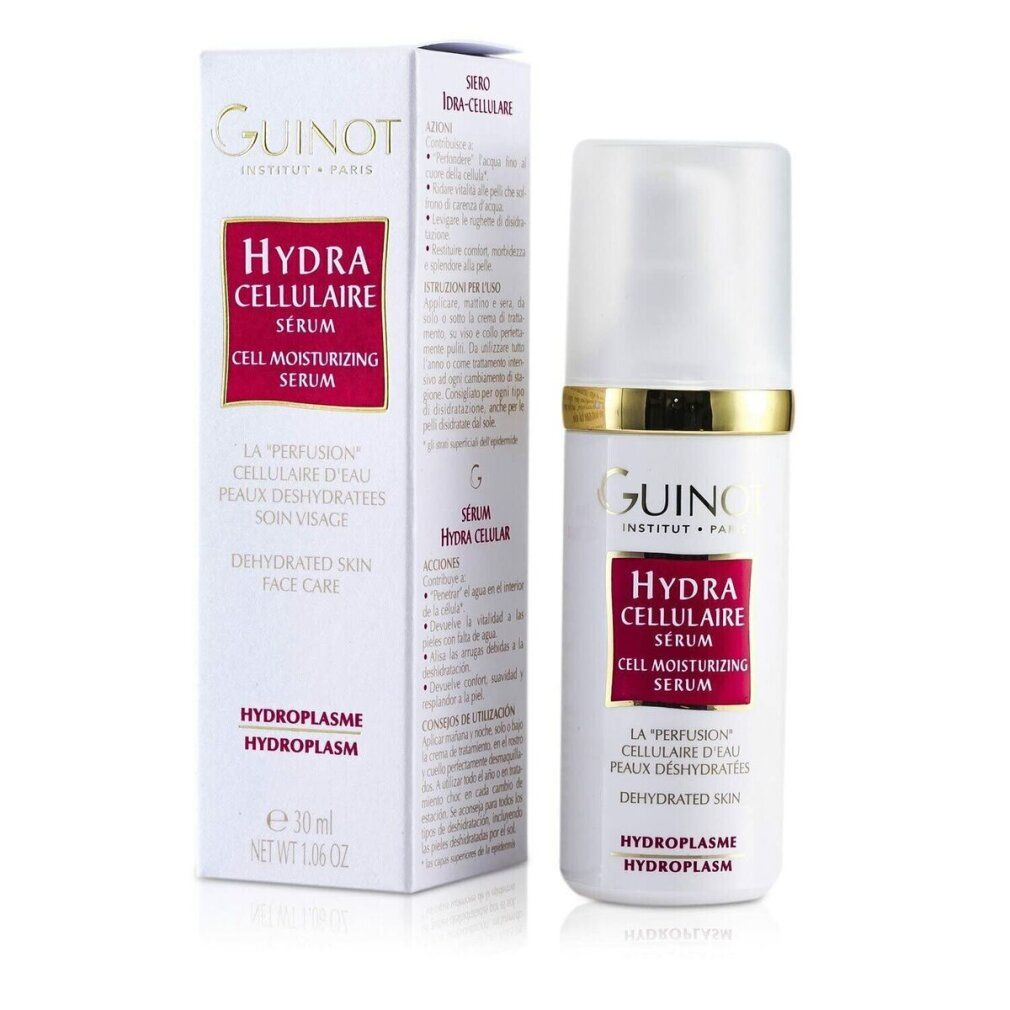 Flacone di siero e confezione. Scritta: Guinot, Hydra Cellulaire Serum. Per pelli disidratate. 30 ml.