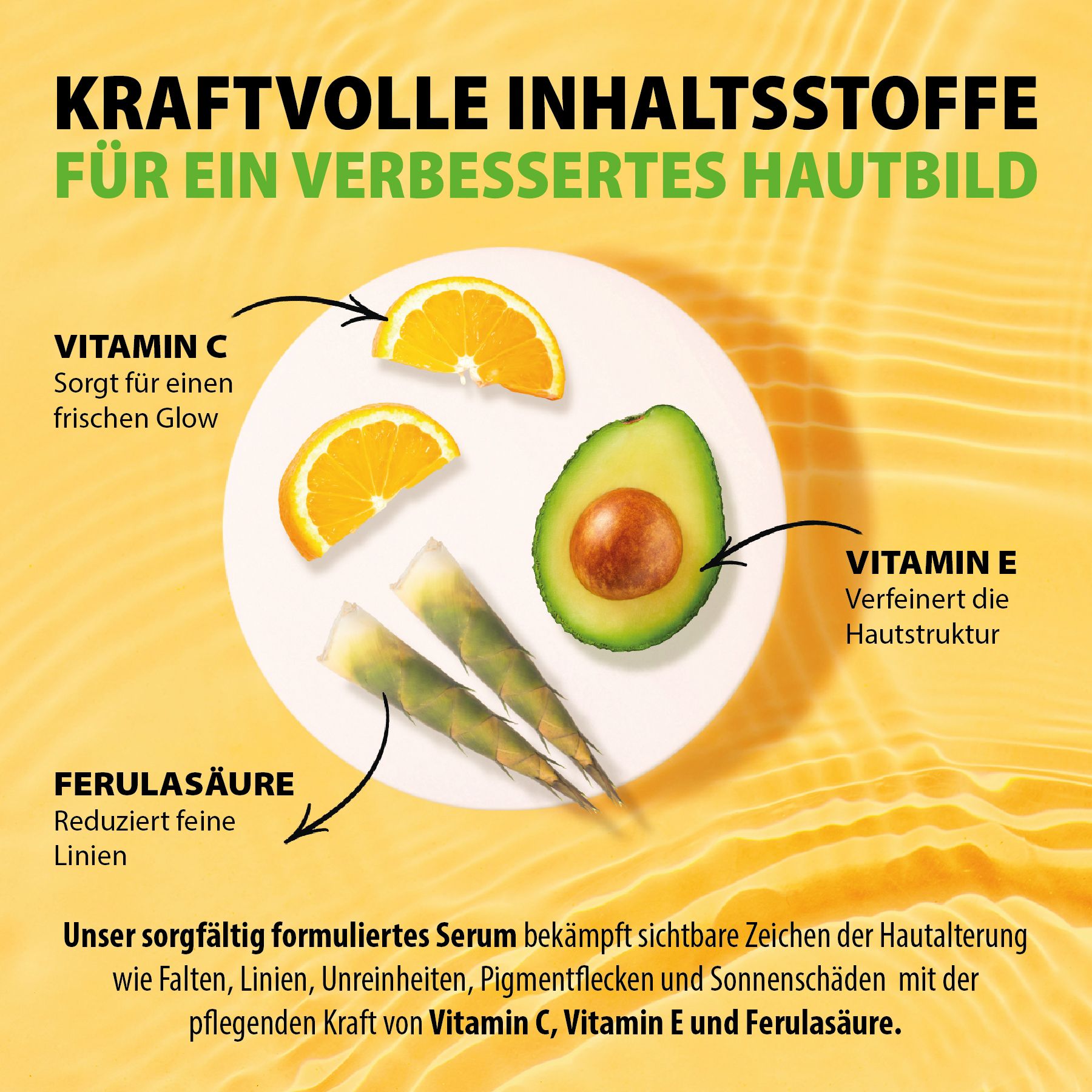 Grafico con vitamina C, avocado, germogli di bambù e vitamina E. Testo: L'acido ferulico riduce le rughe sottili.