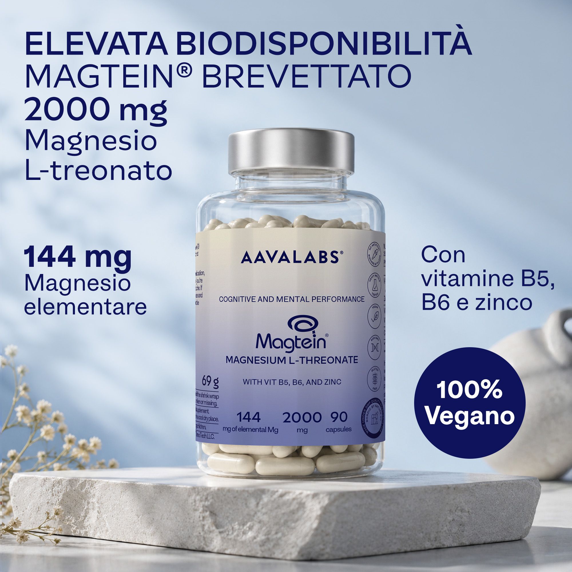 Flacone Aavalabs Magnesium L-Threonat su piedistallo, vegano.