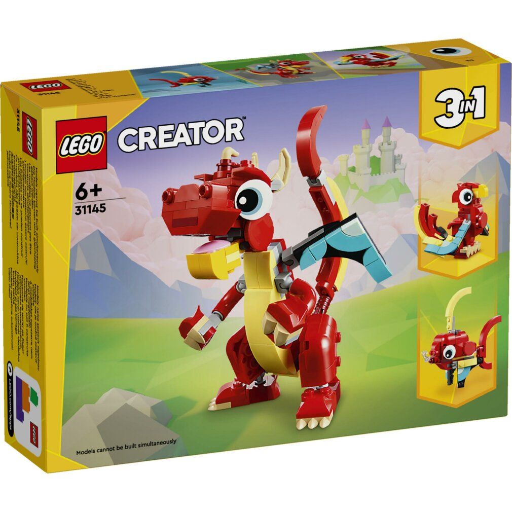 Drago LEGO rosso con pancia gialla e ali blu. Confezione con motivi 3 in 1.