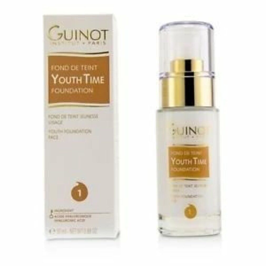 Flacone e confezione Guinot Youth Time Foundation Nr. 1. Scritta: Youth Time Foundation, Nr. 1.
