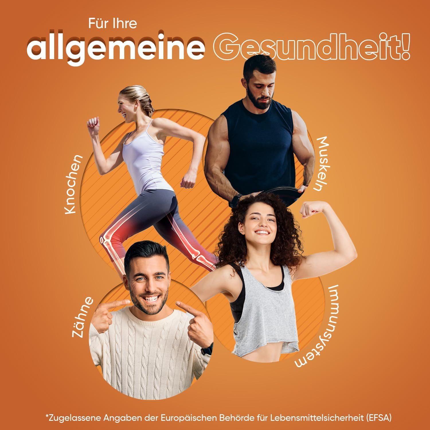 Persone con denti, ossa, muscoli e sistema immunitario sani. Sfondo arancione.