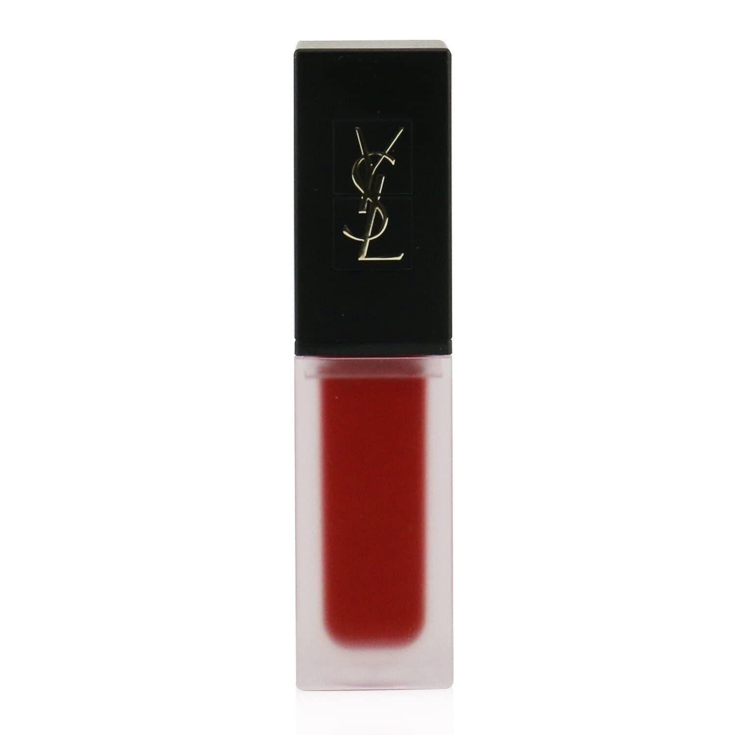 Rossetto rosso in flacone opaco rettangolare con tappo nero. Logo dorato.