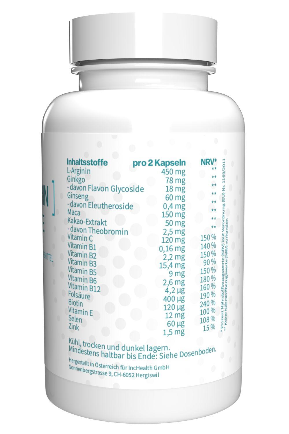 Flacone bianco di capsule con etichetta. Ingredienti e informazioni nutrizionali visibili. Contiene L-Arginina, Ginkgo, Ginseng, ecc.
