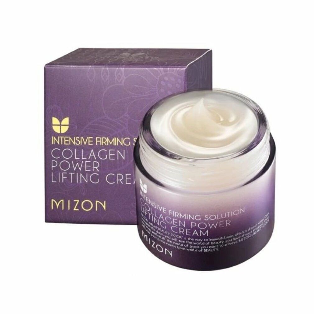 Vaso di crema con coperchio viola e scatola. Scritta: Collagen Power Lifting Creme, Mizon. Confezione con motivo floreale.