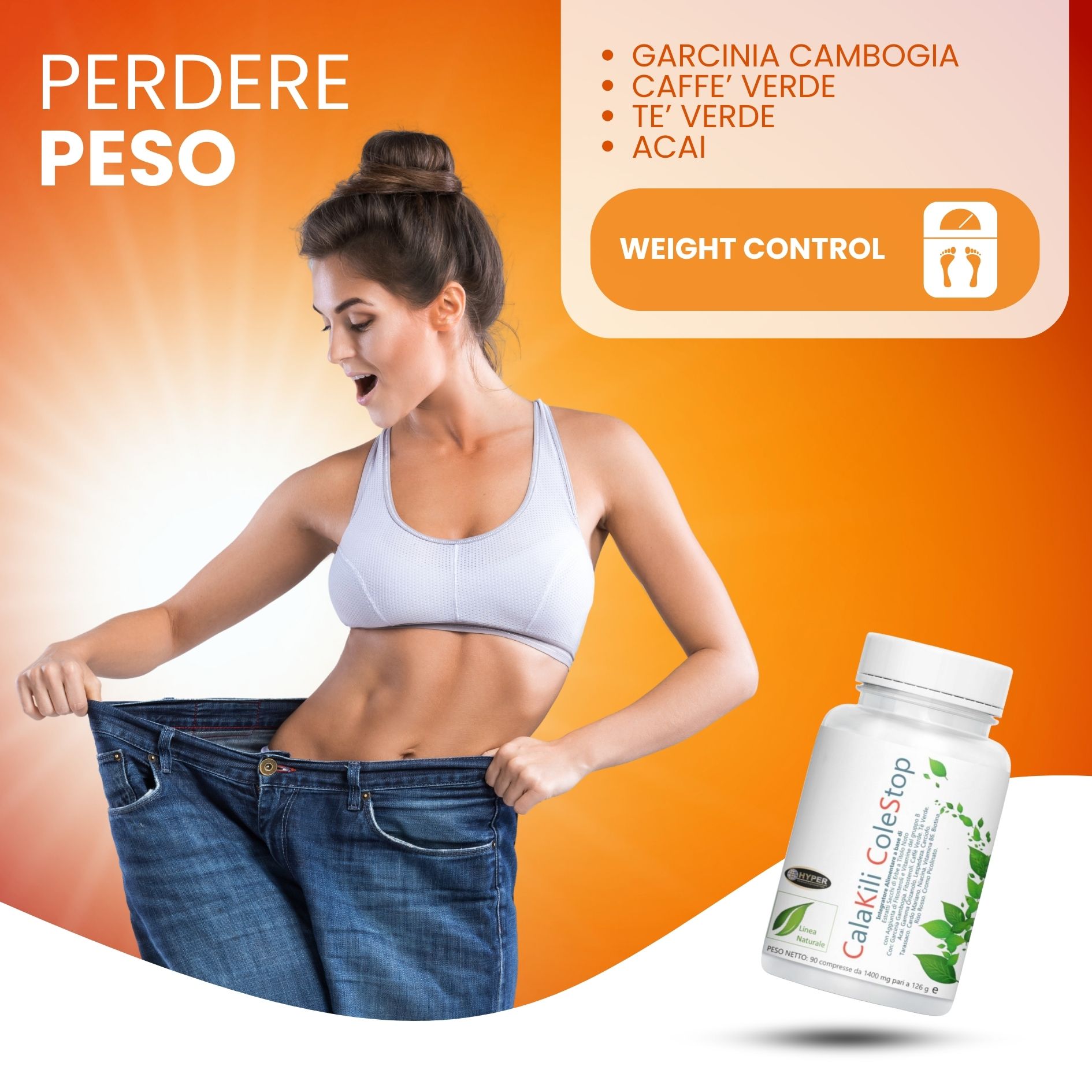 Flacone bianco di capsule. Scritta: CalaKili ColeStop. Donna mostra vestiti. Testo: Perdita di peso. Sfondo: arancione.