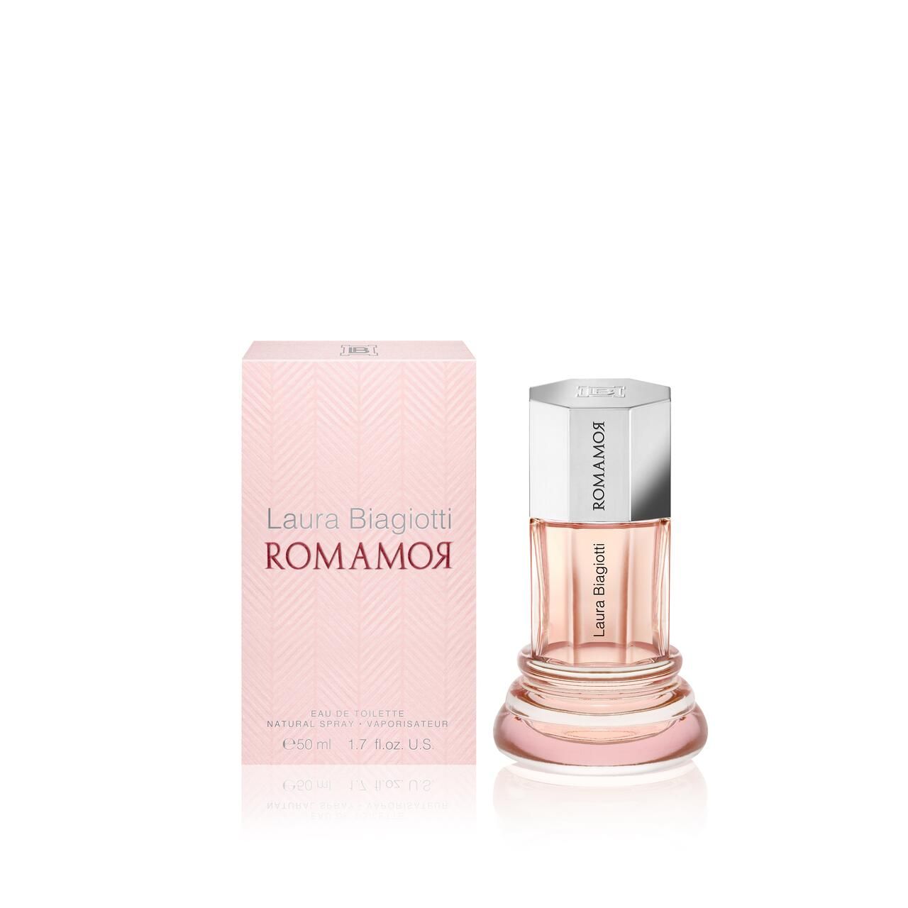 Flacone e confezione rosa. Scritta: Laura Biagiotti, Romamor. Flacone con tappo argentato. Confezione con motivo a zig-zag.
