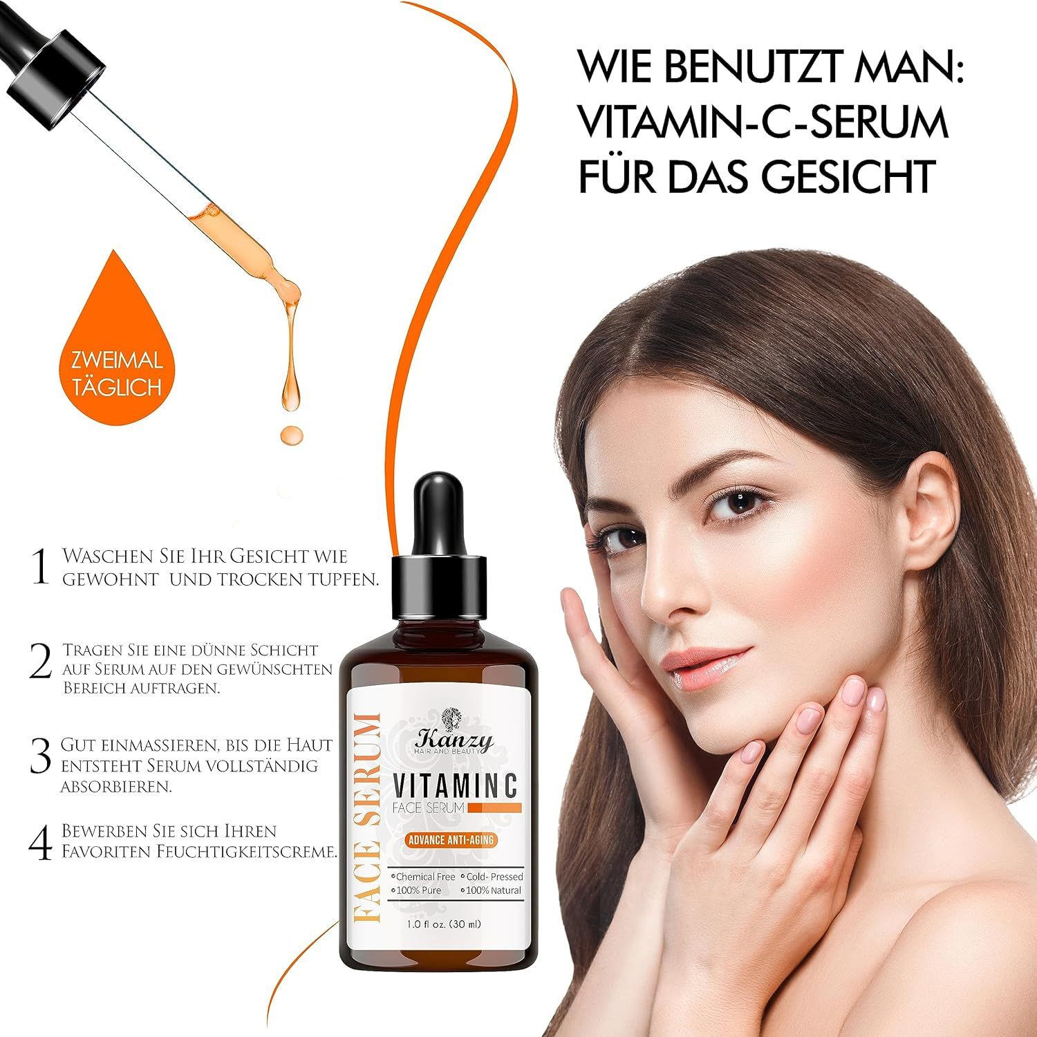 Flacone marrone di siero alla vitamina C Kanzy. Scritta: Face Serum. Con contagocce. Istruzioni per l'uso.