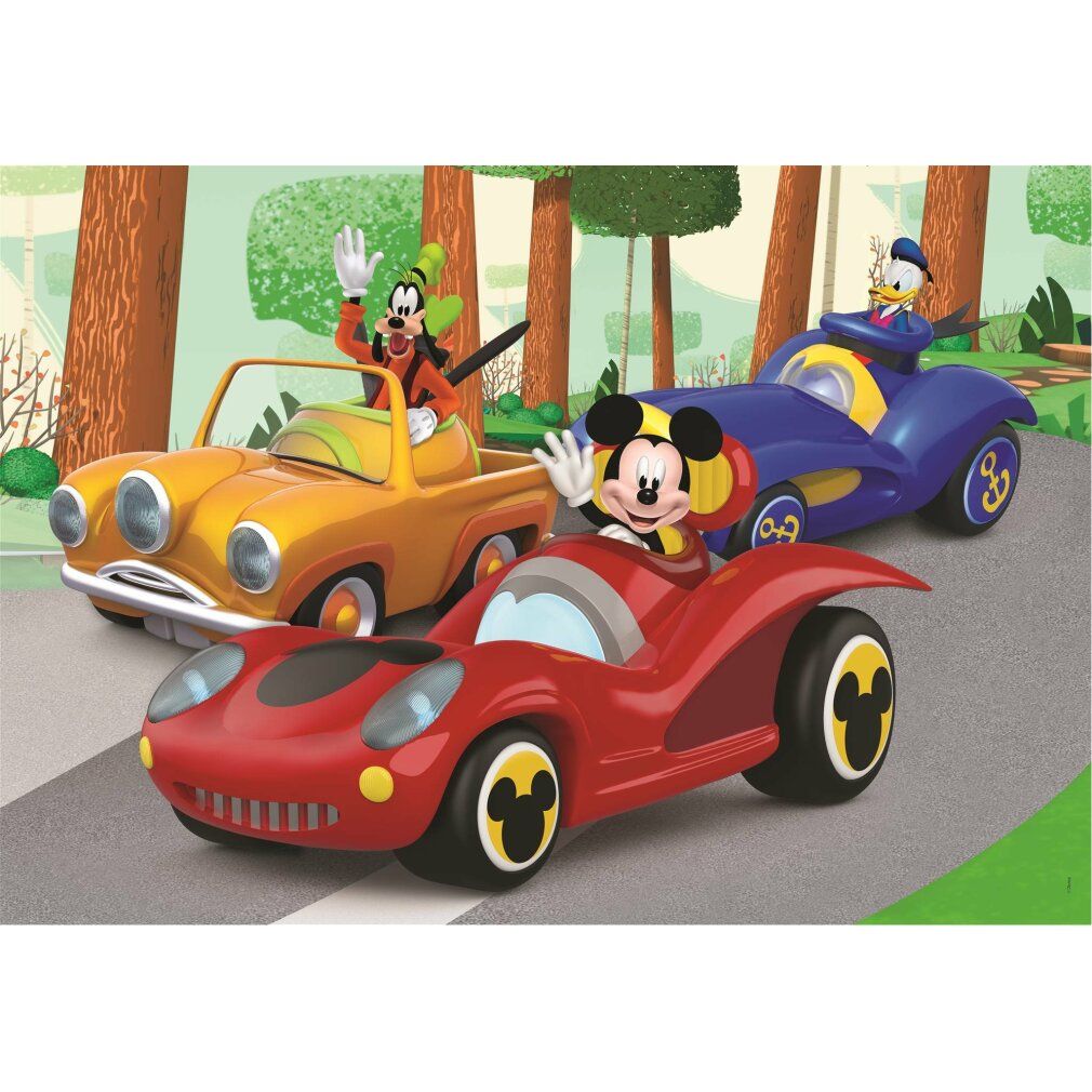 Motivo puzzle con Topolino e amici in auto. Topolino saluta. Paperino nell'auto blu.
