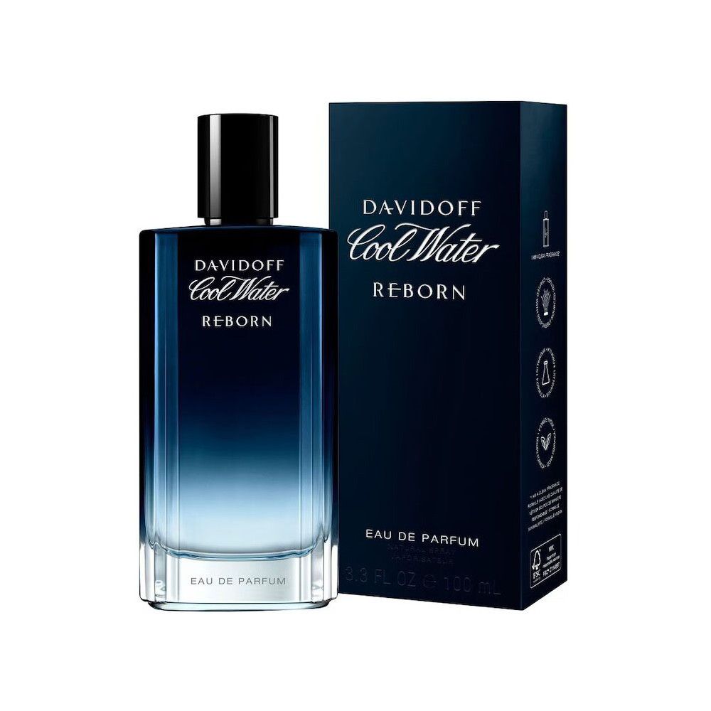 Flacone e confezione Davidoff Cool Water Reborn Eau de Parfum. Vetro sfumato blu, tappo nero. Confezione nera con logo.