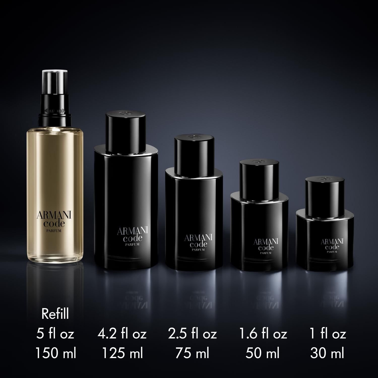 Diverse dimensioni di flaconi. Scritta: ARMANI code PARFUM. Dimensioni: 5 ml, 150 ml, 125 ml, 75 ml, 50 ml, 30 ml.
