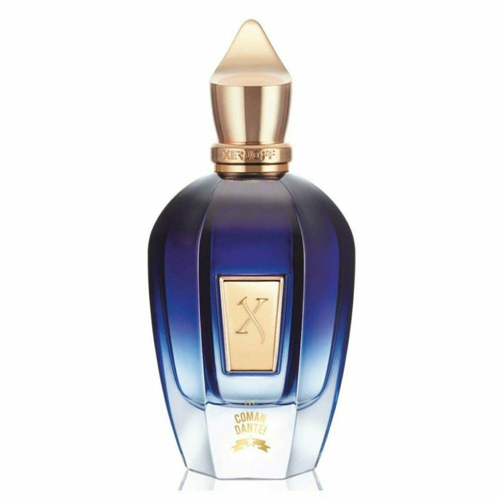 Flacone di profumo blu con tappo dorato. Etichetta dorata con 'X' e scritta 'COMANDANTE'.