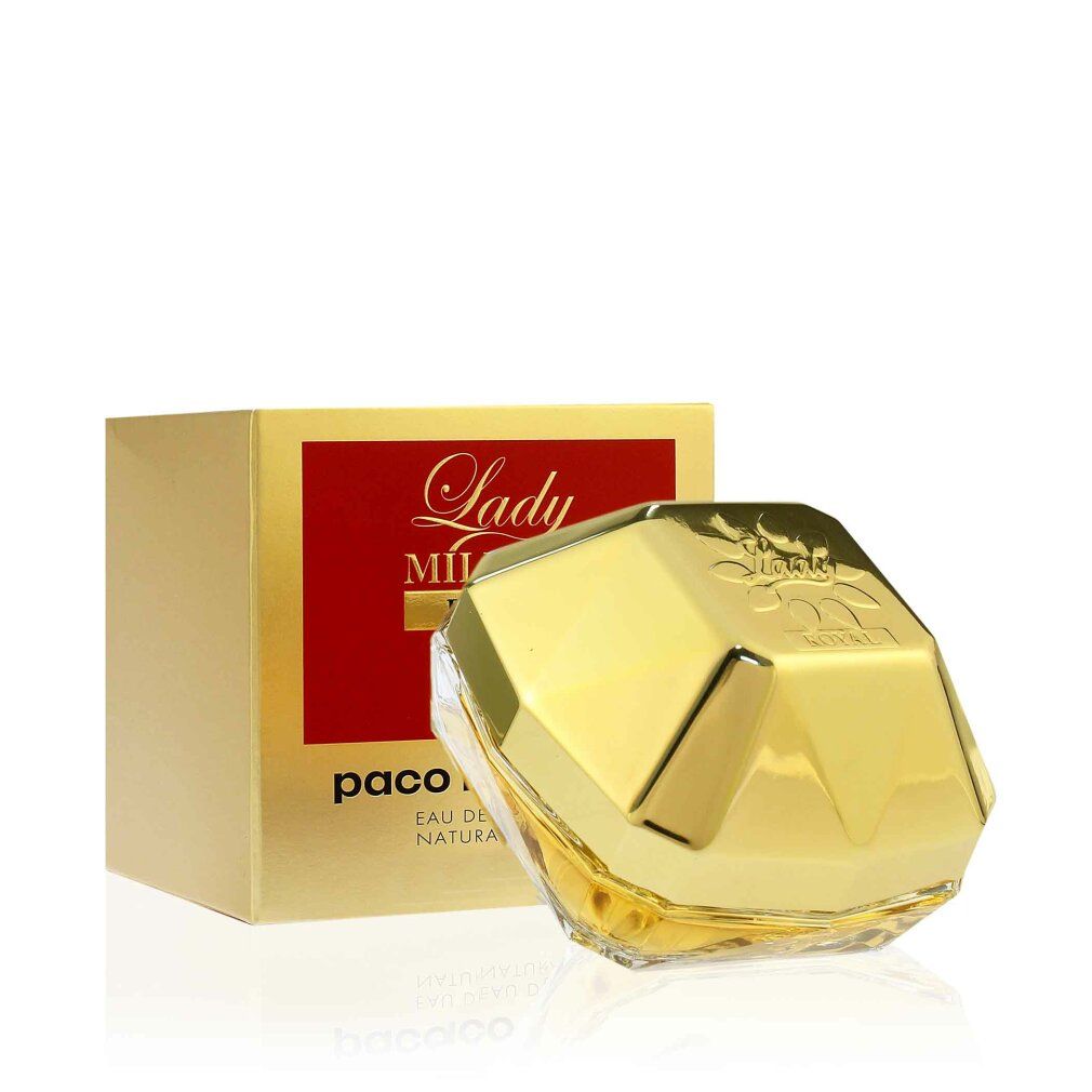 Flacone e confezione dorati. Scritta: Lady Million Royal, Paco Rabanne, Eau de Parfum.