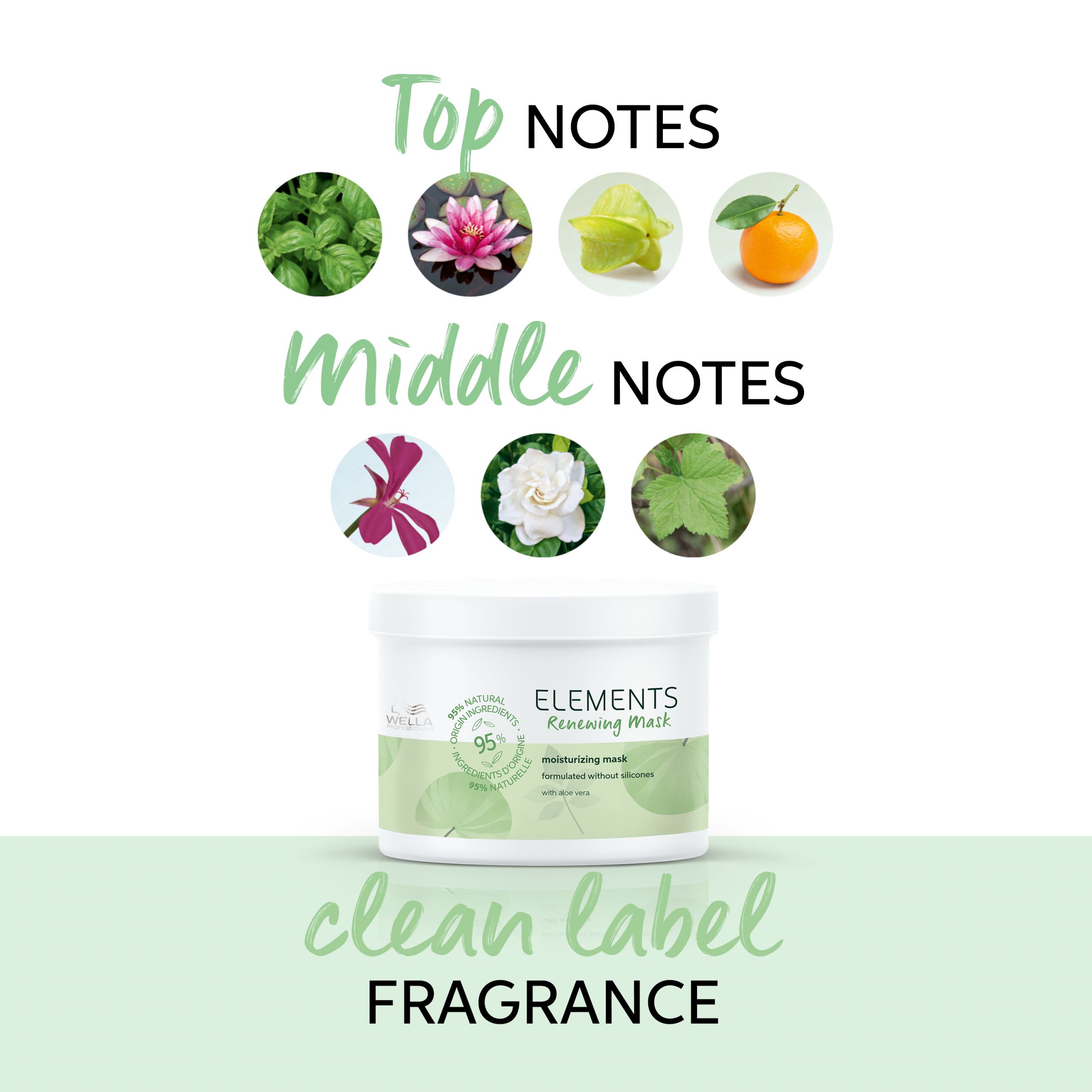 Prodotto con note olfattive. In alto: menta, ninfea, carambola, arancia. In basso: orchidea, gelsomino, foglia. Prodotto: ELEMENTS Renewing Mask.