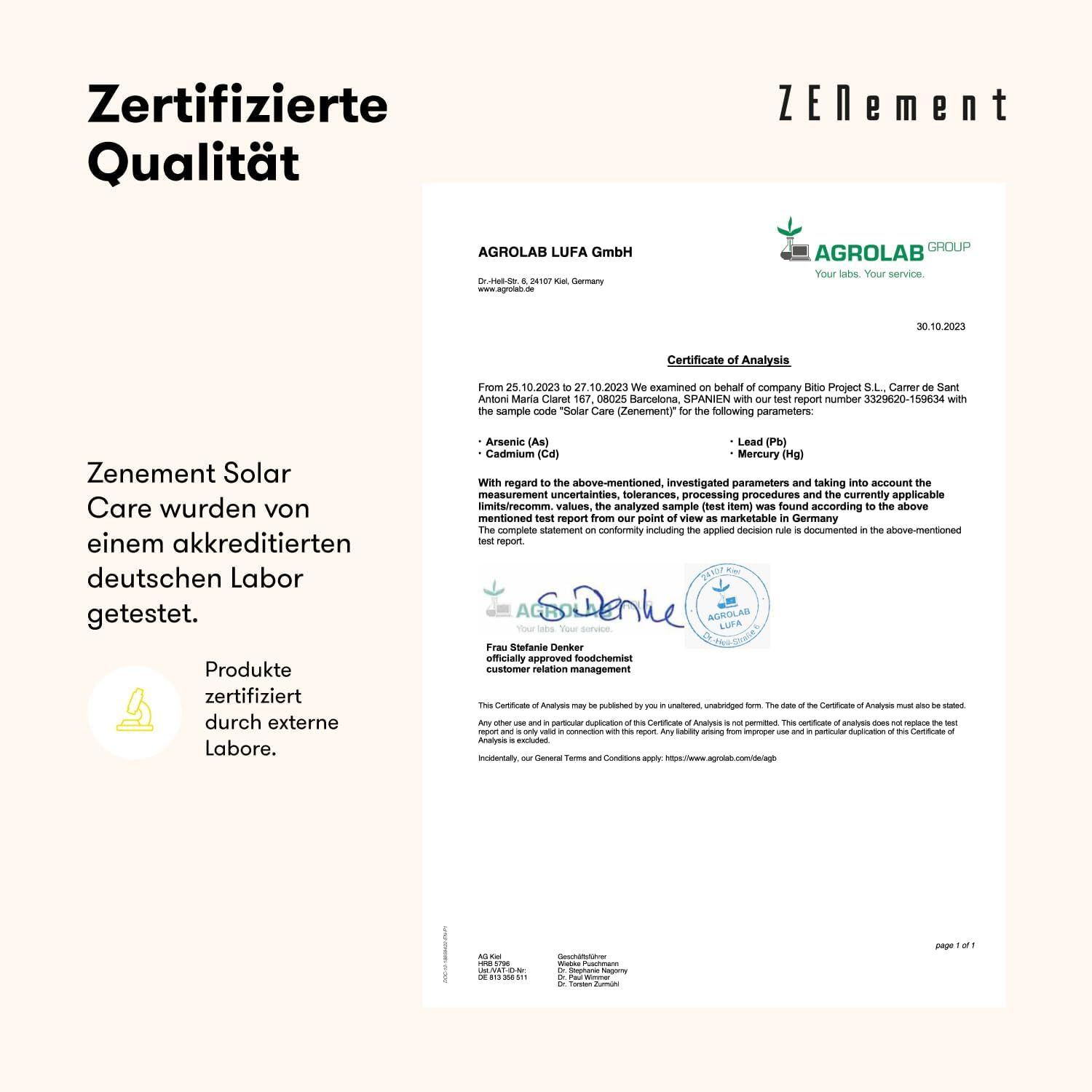 Documento di certificazione di Agrolab LUFA GmbH. Testo: Zenement Solar Care testato da un laboratorio tedesco accreditato.