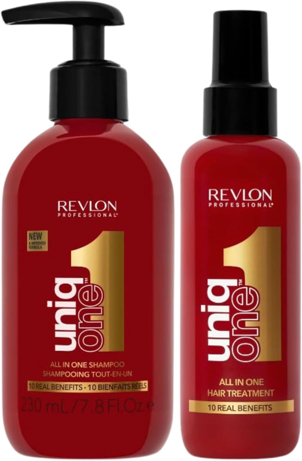 Due flaconi rossi Revlon UniqOne. Shampoo con pompa, trattamento con spray. Scritta dorata.