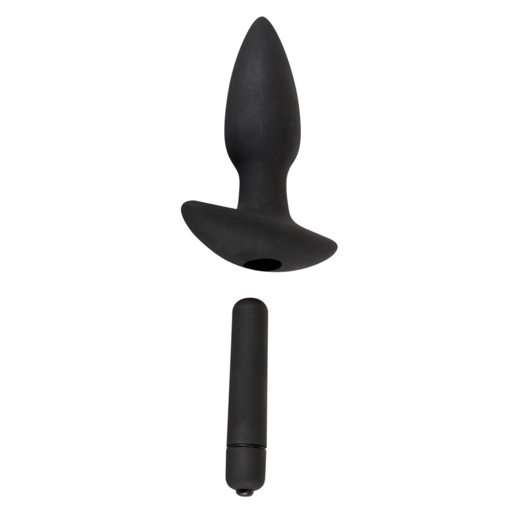 Plug anale nero e vibro bullet. Plug con base, vibro bullet cilindrico.