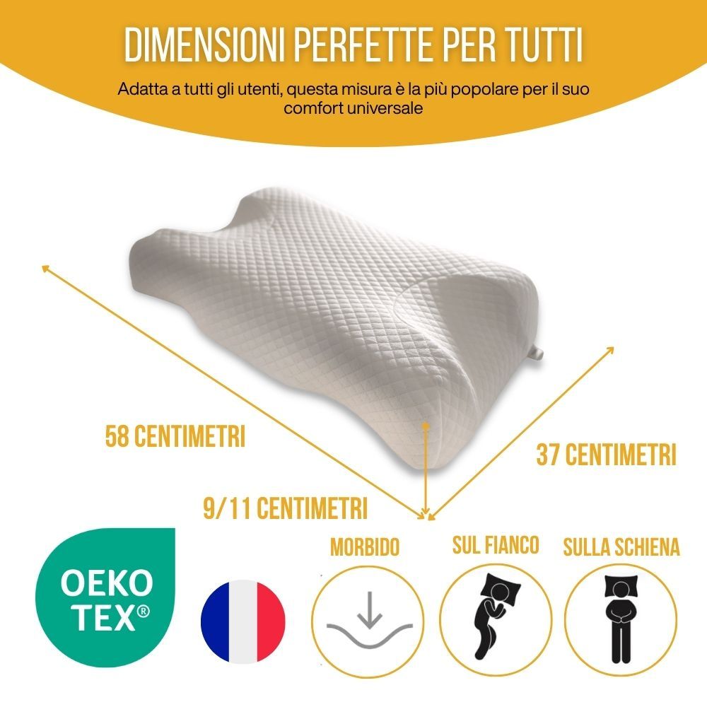 Cuscino con misure: 58 cm, 37 cm, 9/11 cm. Testo: sensazione morbida, lato, schiena. Marchio Oeko-Tex.