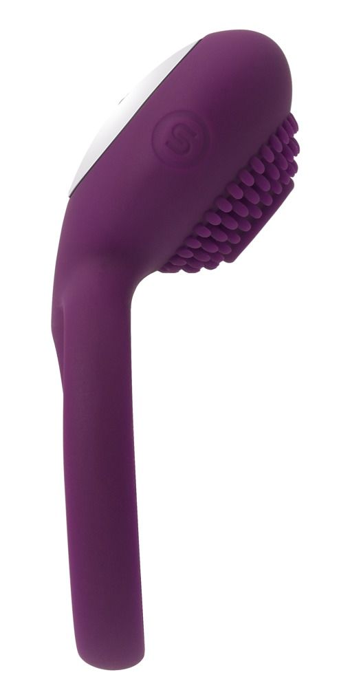 Stimolatore viola con borchie e pulsante argentato. Logo SVAKOM. Forma ergonomica. Su sfondo bianco.