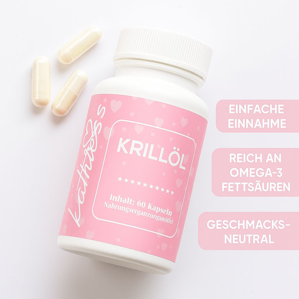 Flacone rosa. Krillöl, 60 capsule. Marchio: Kathless. Tre capsule accanto. Testo: Facile assunzione, Ricco di omega-3, Insapore.
