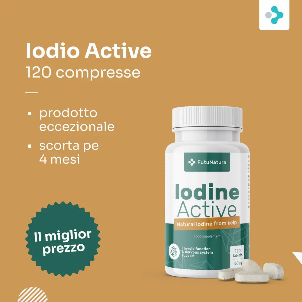 Flacone FutuNatura Jod Active con 120 compresse. Testo: Il miglior prezzo. Sfondo arancione.