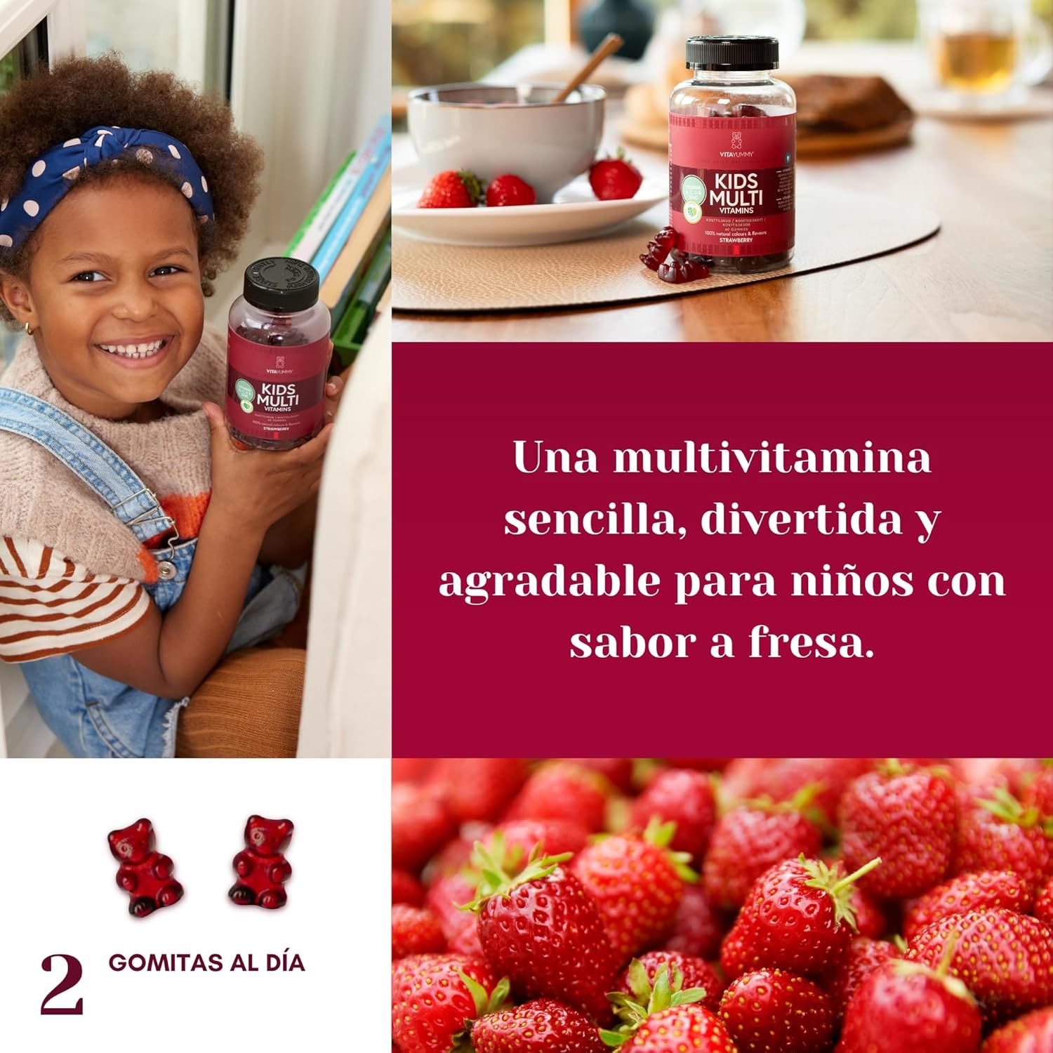 Una ragazza tiene in mano una bottiglia di orsetti gommosi. Scritta: KIDS MULTI VITAMINS. Due orsetti rossi. Testo: Multivitaminico per bambini al gusto fragola.