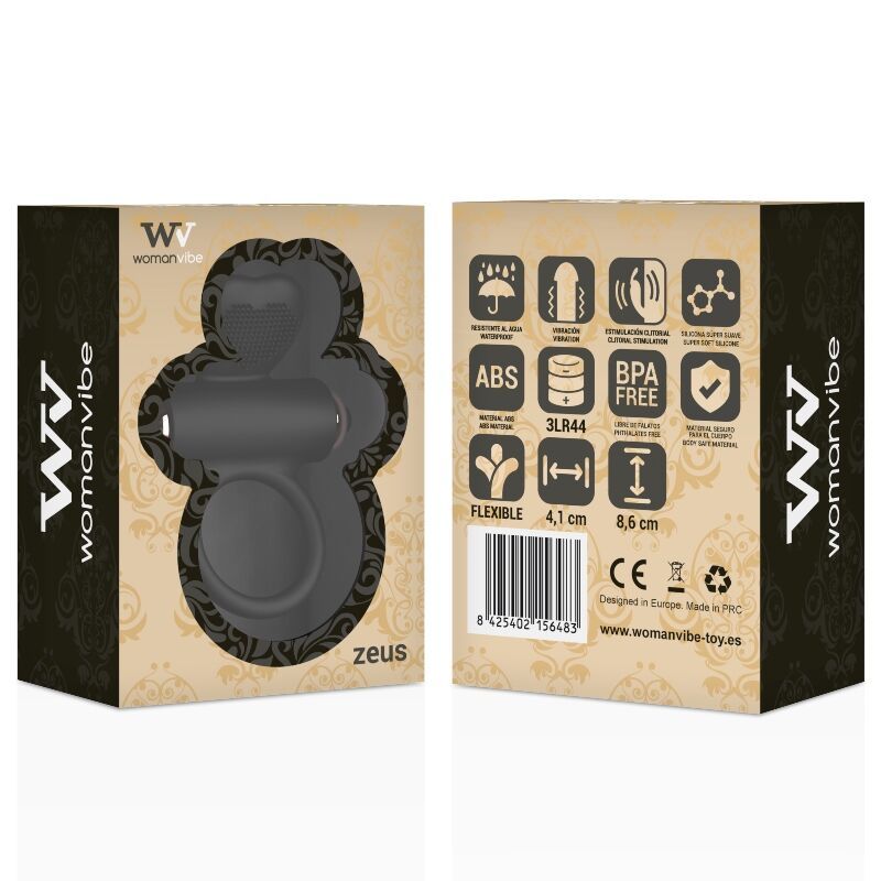 Confezione del vibratore anale Zeus in silicone con immagine del prodotto e icone.