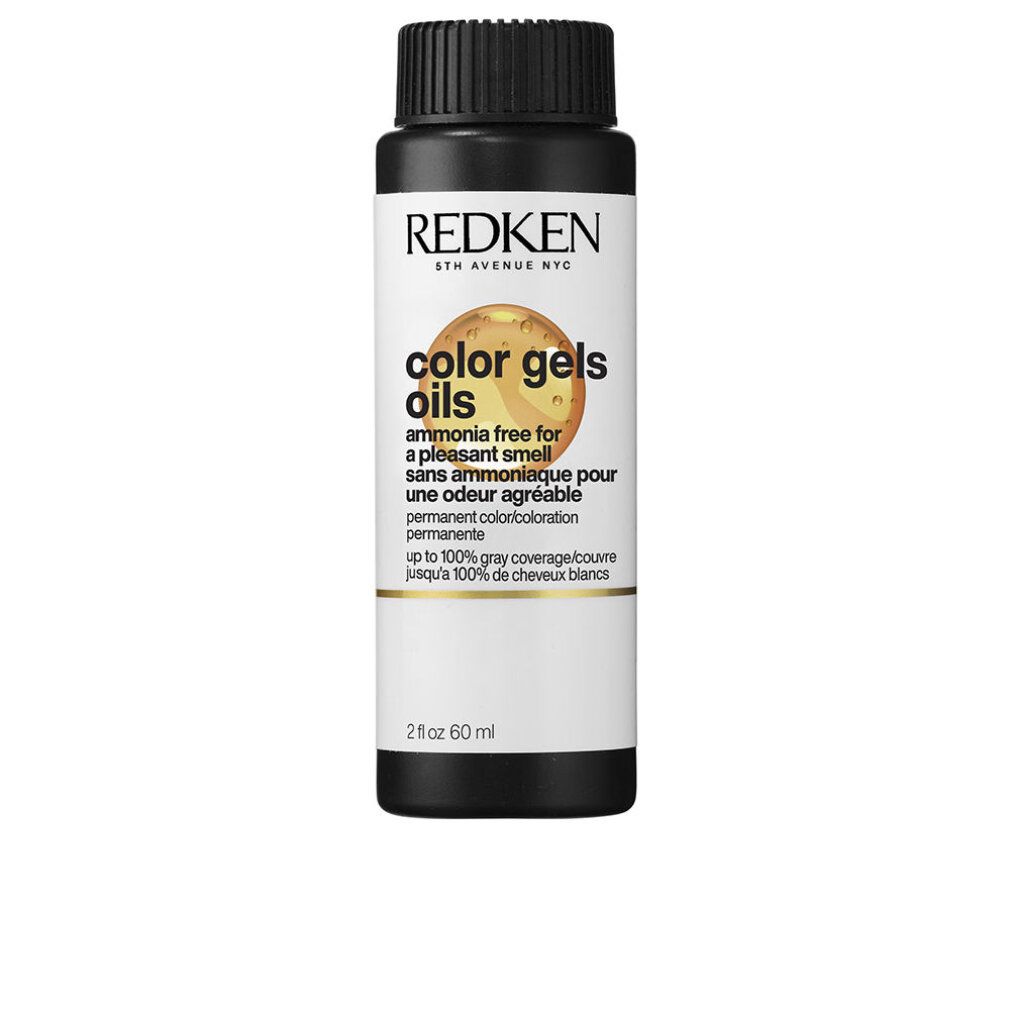 Flacone di colorazione Redken Color Gels Oils. Tappo nero, etichetta bianca con informazioni e logo.