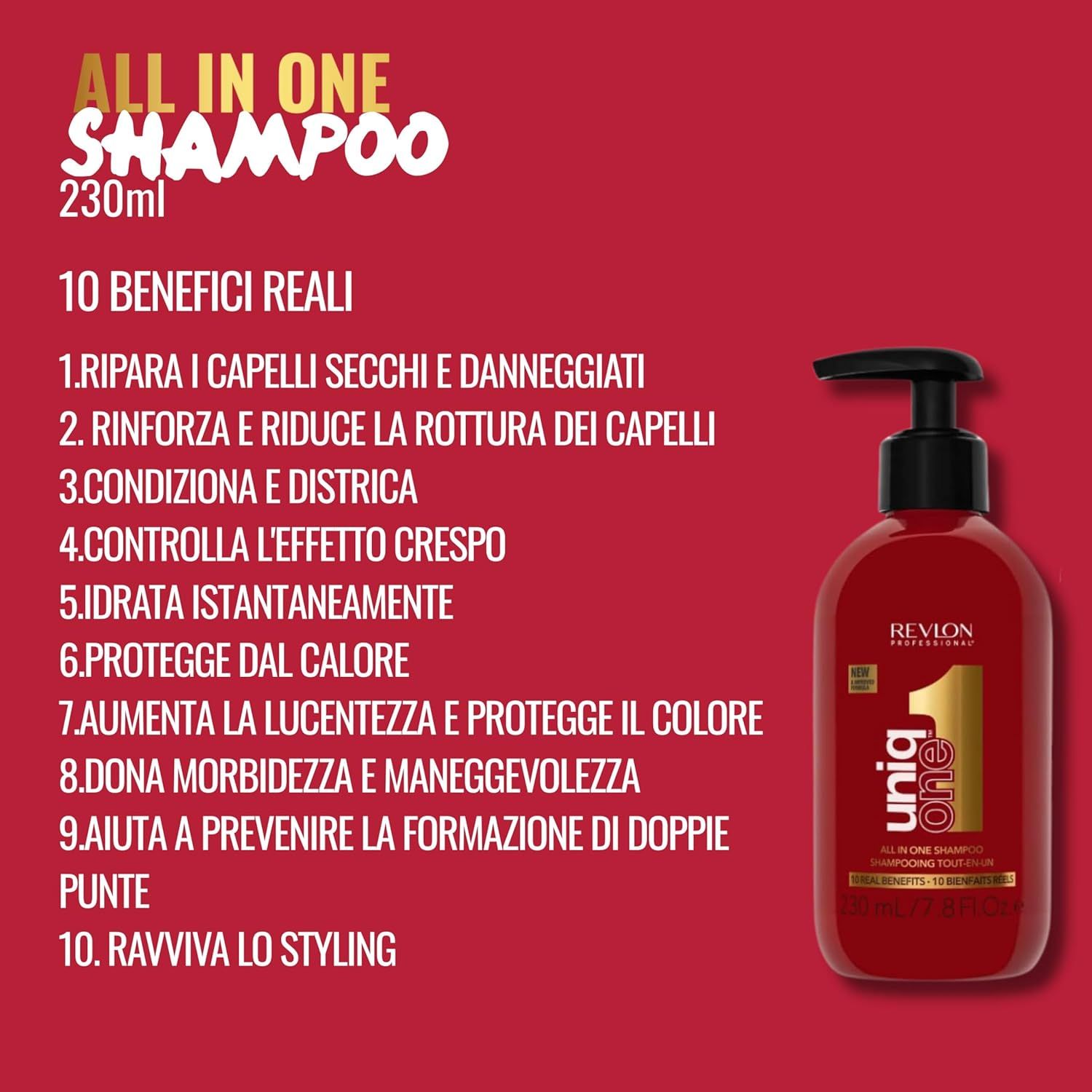 Flacone rosso Revlon UniqOne Shampoo. Pompa nera. Scritta dorata. Testo: 10 benefici. Su sfondo rosso.