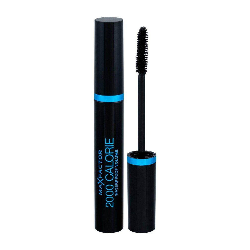 Spazzola e tubetto di mascara neri. Dettagli blu. Scritta: Max Factor 2000 Calorie Waterproof Volume.