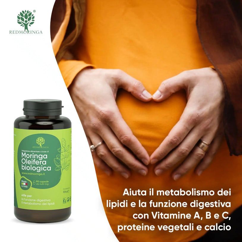 Flacone marrone con etichetta verde. Testo: Moringa Oleifera biologica. Aiuta il metabolismo e la digestione.