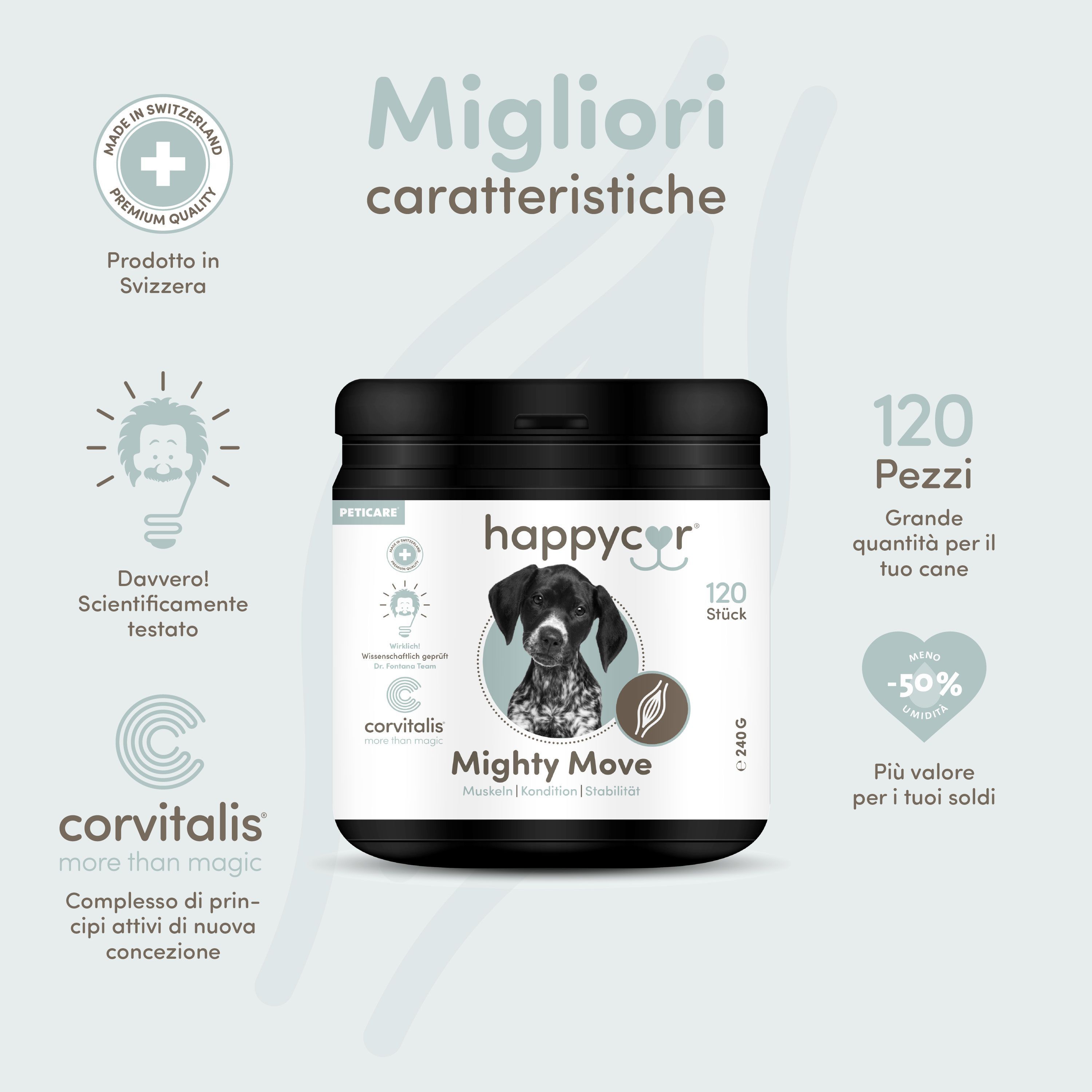 Contenitore nero con Happycor Mighty Move Snacks. "Prodotto in Svizzera".