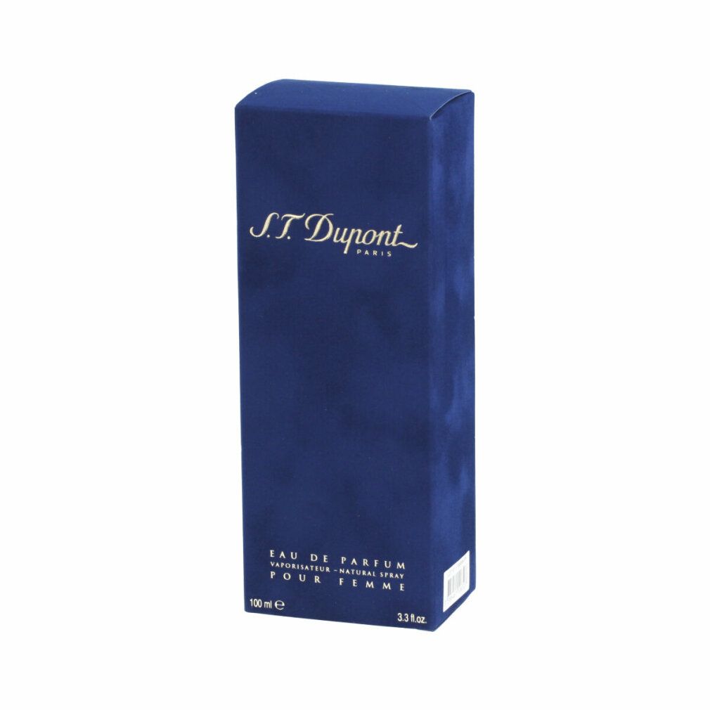 Scatola rettangolare blu. Testo dorato: S.T. Dupont. Parte inferiore: Eau de Parfum, Pour Femme. 100 ml, 3.3 fl.oz. Codice a barre.