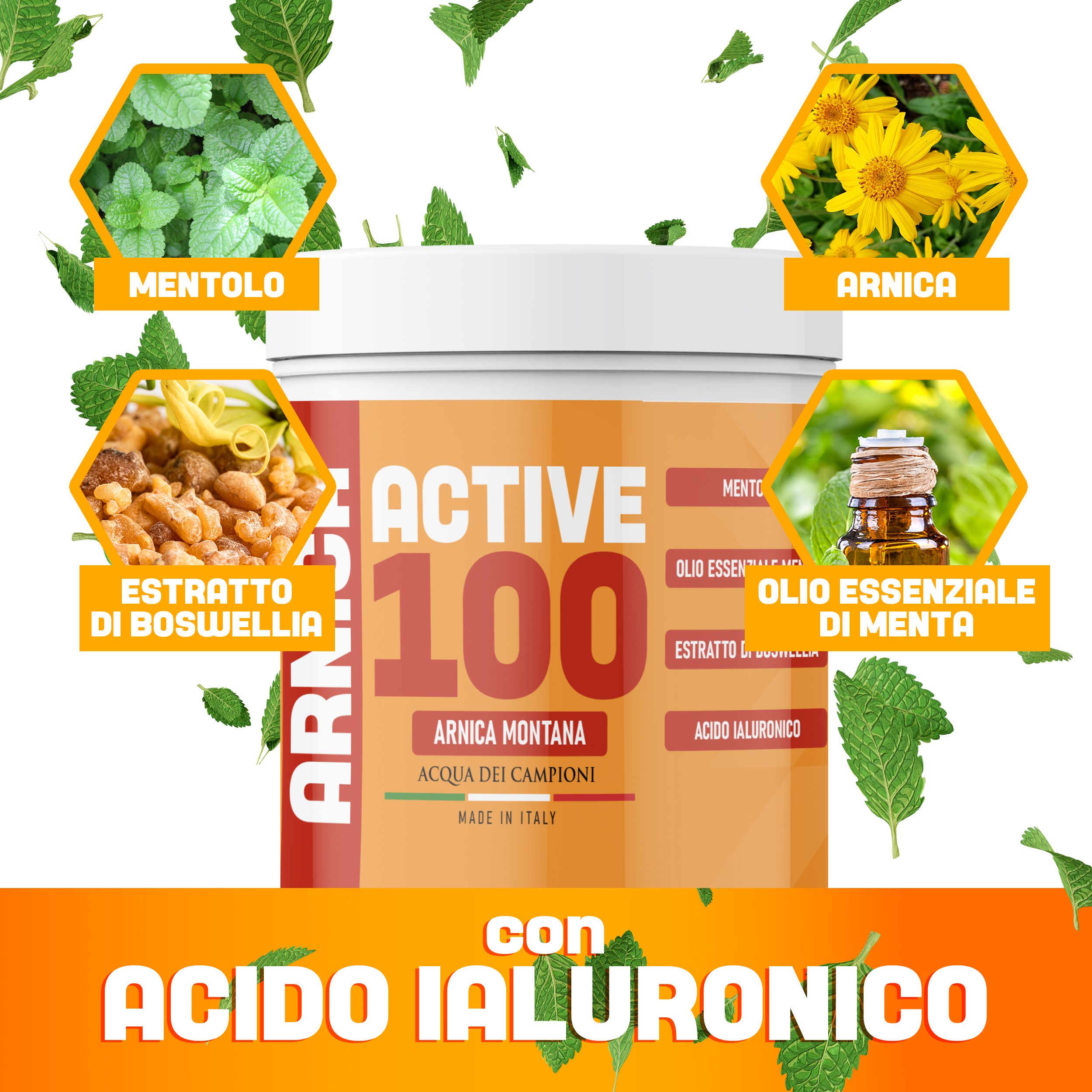 Barattolo "Arnica Active 100" con ingredienti: mentolo, arnica, estratto di boswellia, acido ialuronico e olio di menta.