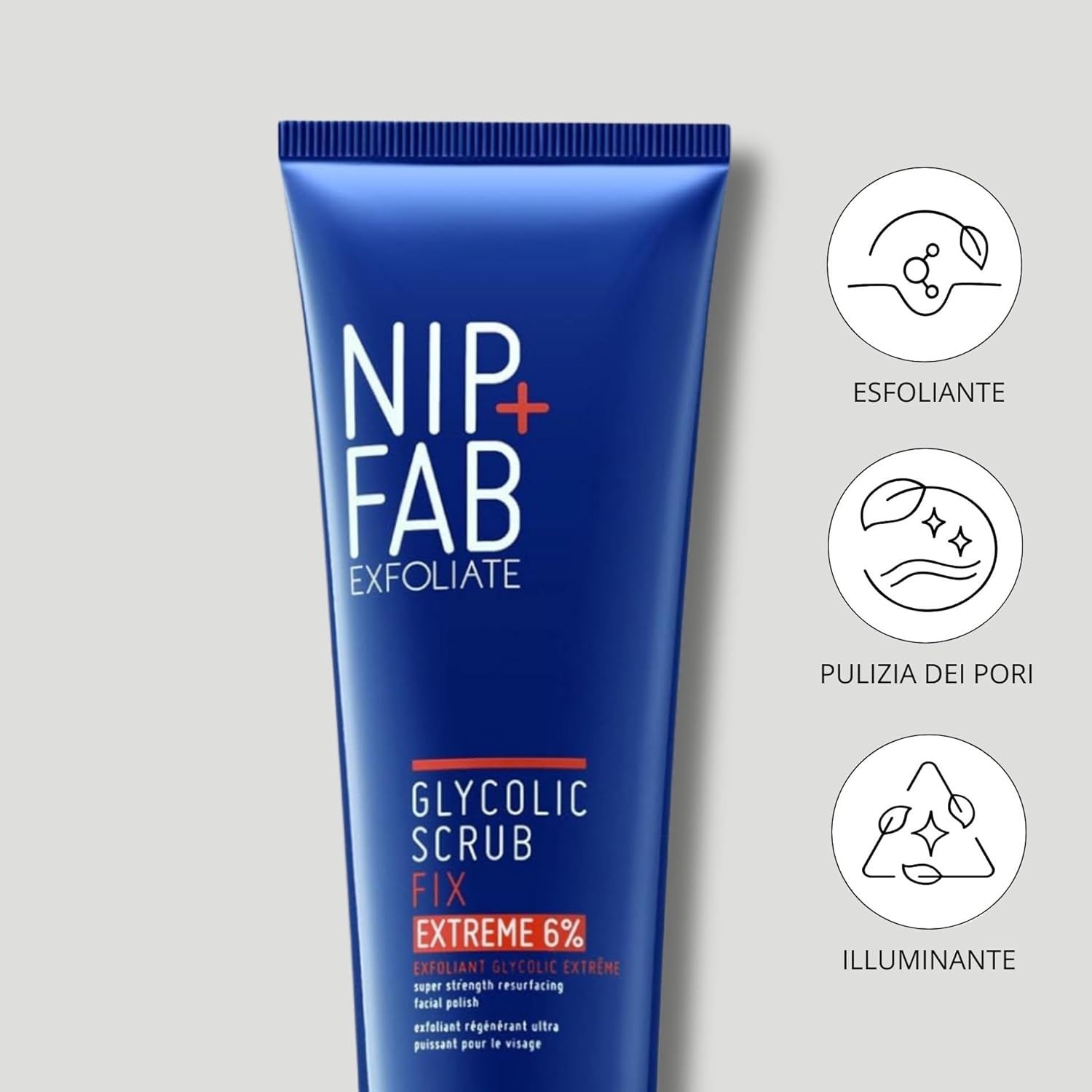 Tubo blu con informazioni sul prodotto. Marchio: Nip + Fab. Prodotto: Glycolic Scrub Fix Extreme 6%. Icone: Esfoliante, Pulizia dei pori, Illuminante.