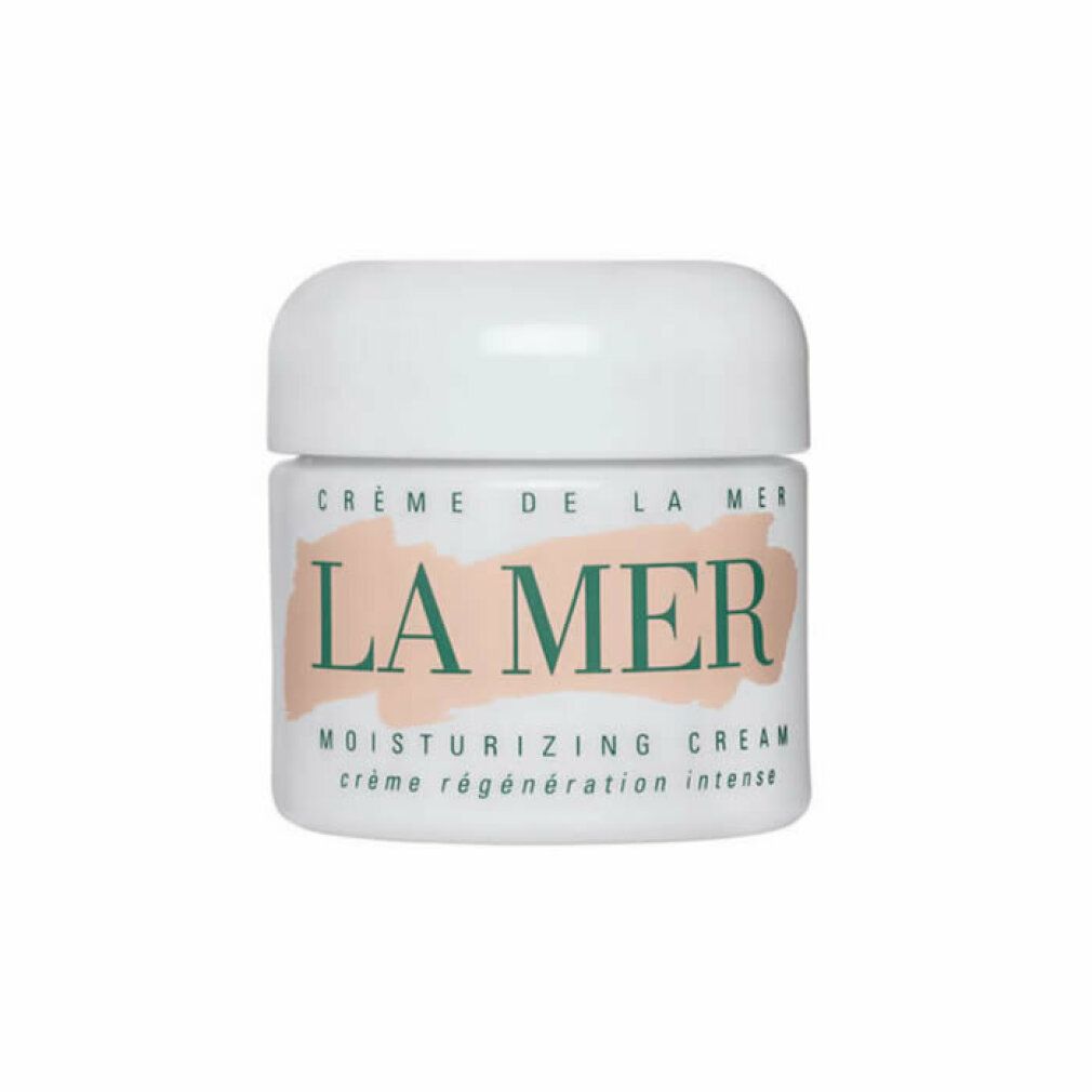 Vasetto bianco con logo La Mer. Testo: Crème de La Mer, moisturizing cream, crème régénération intense.