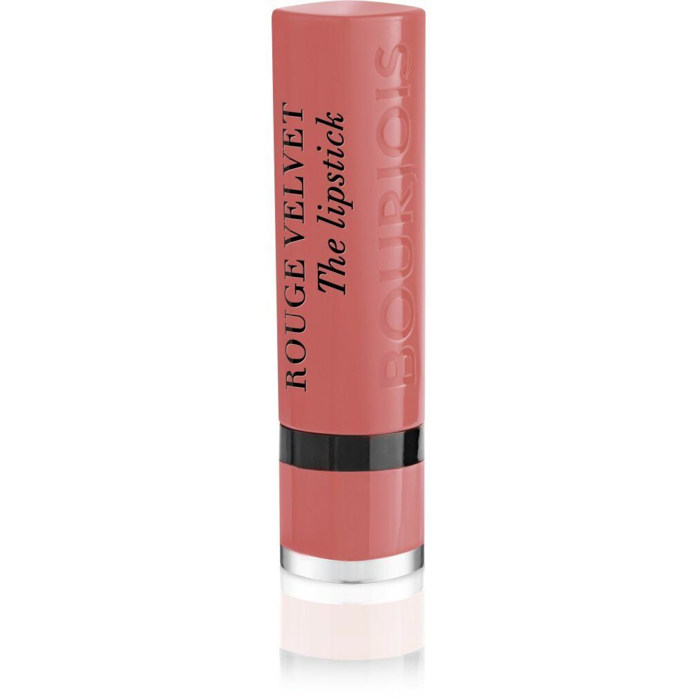 Rossetto chiuso. Rossetto rosa con stelo nero. Scritta: Bourjois Rouge Velvet The lipstick.