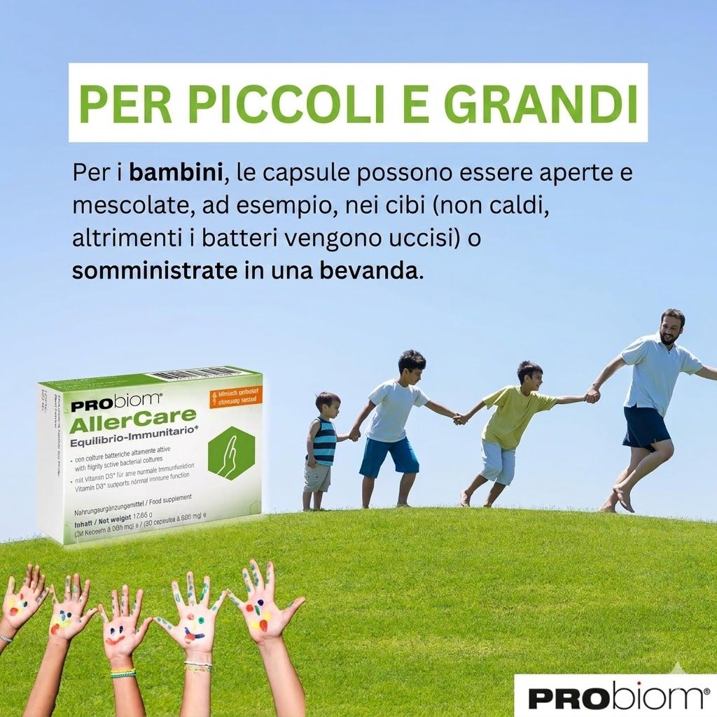 Bambini e adulti corrono su un prato. Confezione Probiom AllerCare. Testo: Per piccoli e grandi.