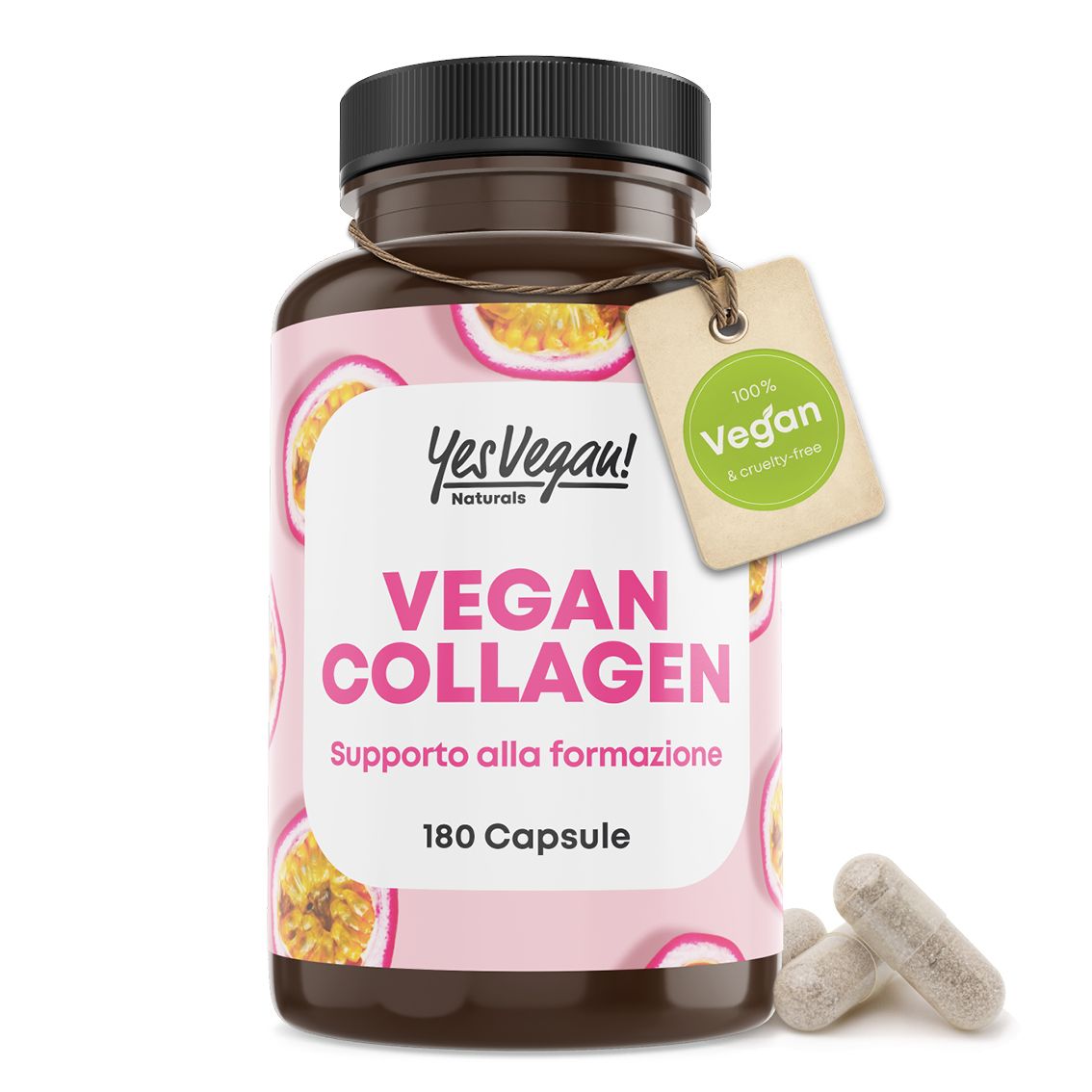 Flacone "Vegan Collagen" con etichetta rosa, motivo frutto della passione e sigillo "100% Vegan".