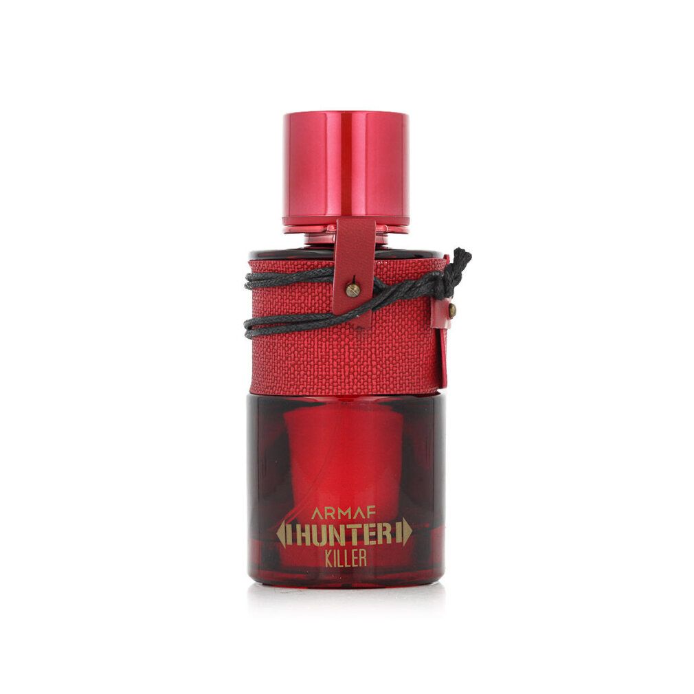 Flacone rosso con tappo rosso e cinturino in pelle. Scritta "ARMAF HUNTER KILLER".