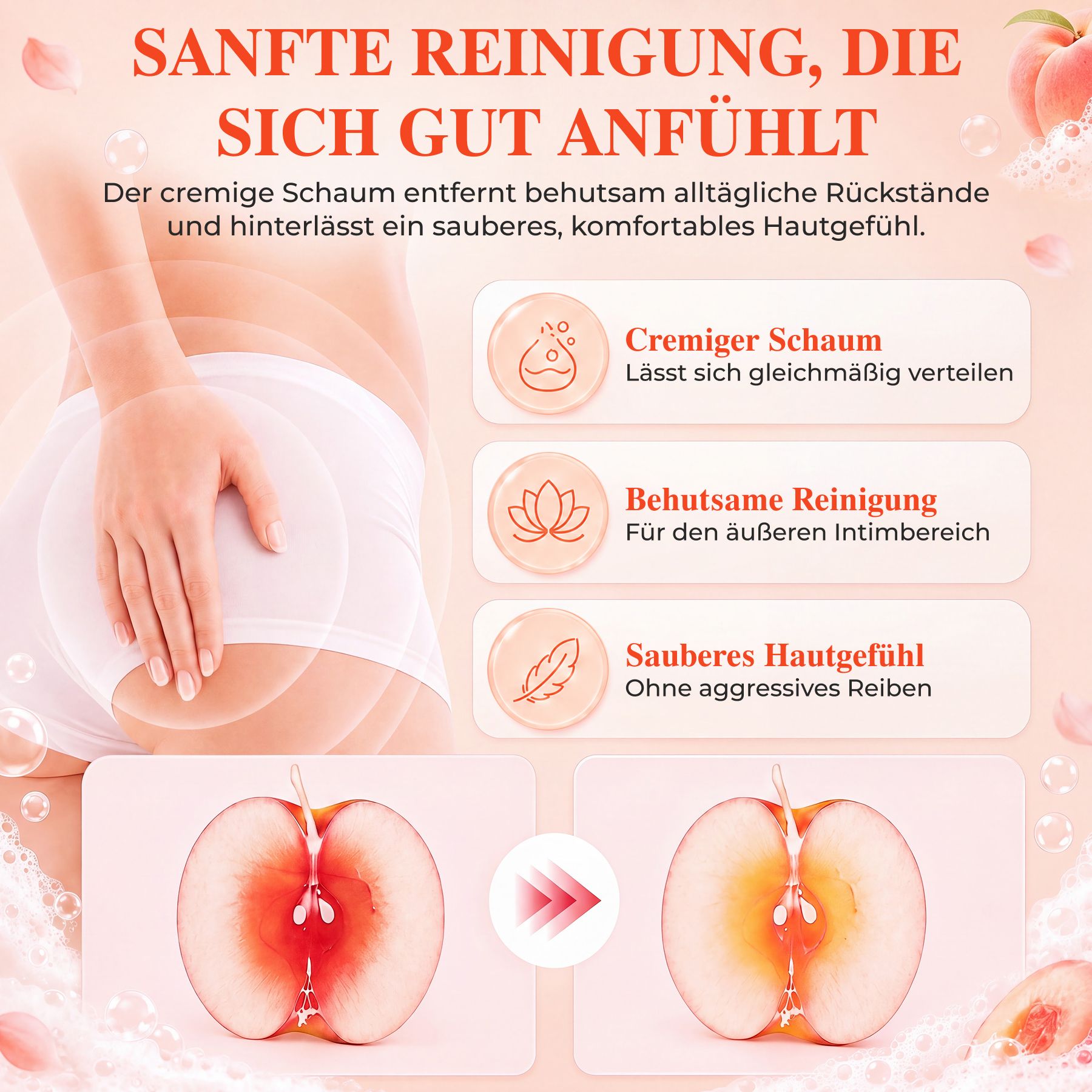 Detergente intimo esterno con schiuma cremosa per una pulizia delicata.