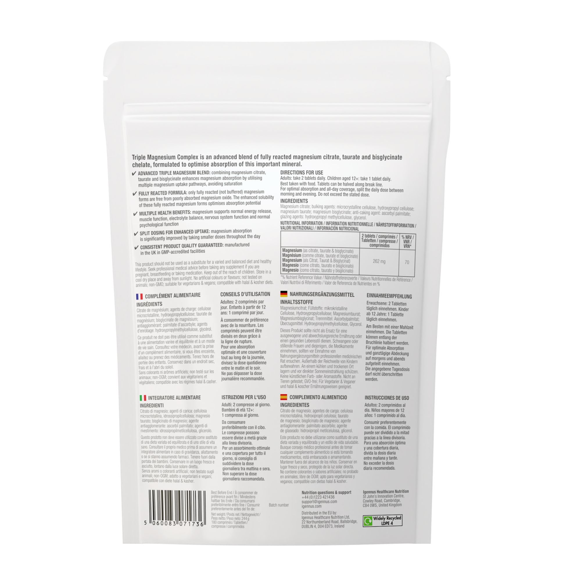 Igennus Magnesio Completo Triplo, Glicinato, Citrato e Taurato, Chelato, Vegano, Dose Ottimale