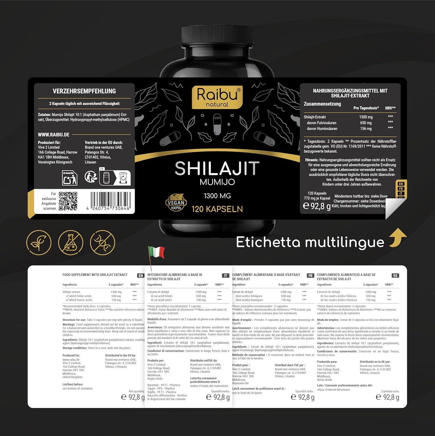 Flacone di capsule. Etichetta multilingue. Testo: Shilajit Mumijo 1300 MG, 120 capsule. Sigillo vegano.