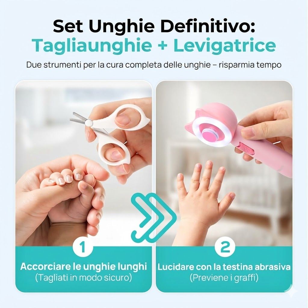 Tagliaunghie e levigatrice. Due strumenti. Tagliare le unghie. Prevenire i graffi.