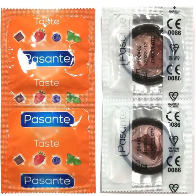 Preservativi Pasante, marroni, aromatizzati. Confezioni singole con fragola, mirtillo, cioccolato e menta.