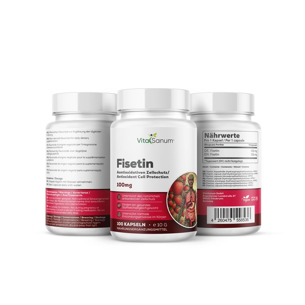 Tre flaconi bianchi con capsule. Scritta: VitaSanum, Fisetin, 100mg. Retro con informazioni nutrizionali.