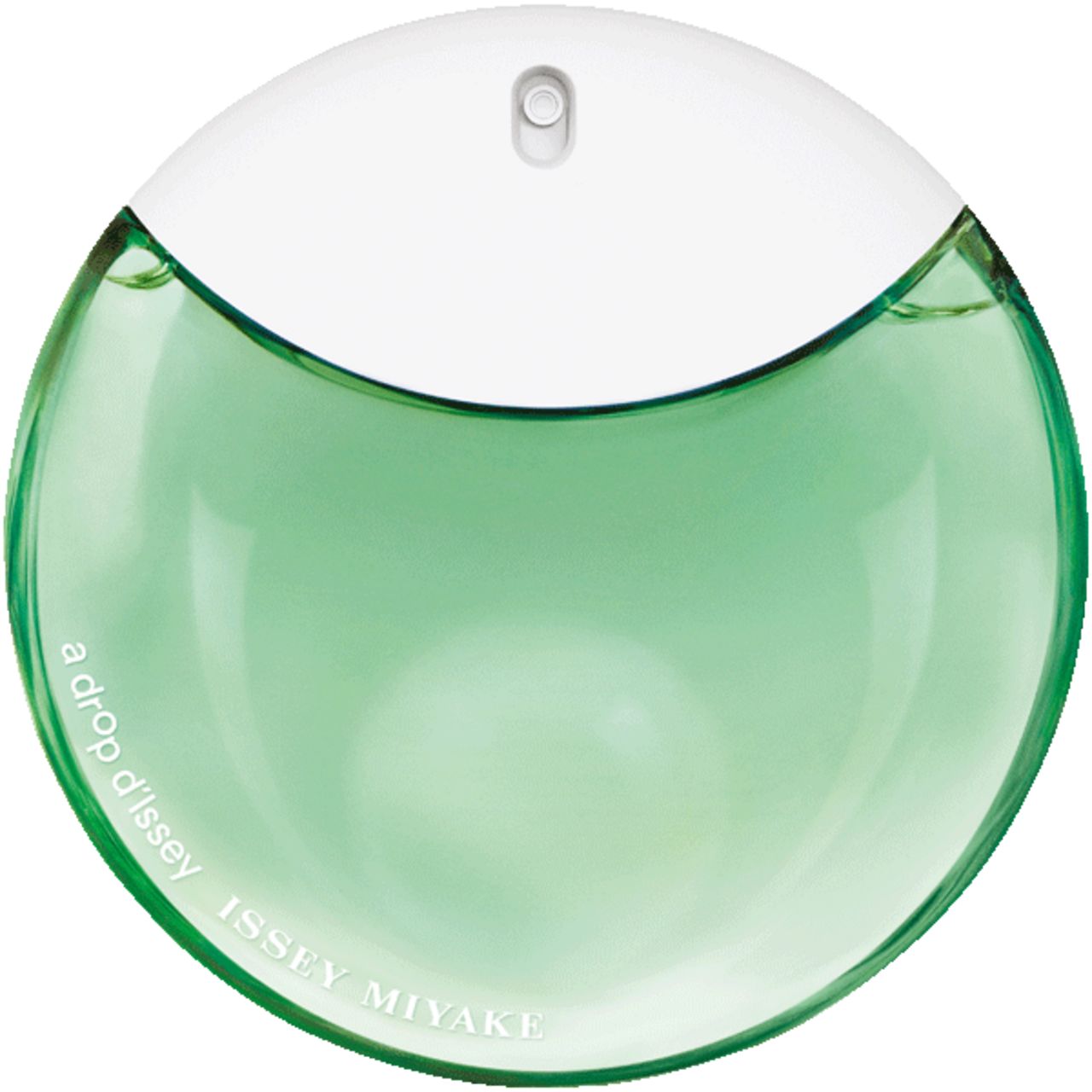Flacone rotondo con liquido verde e tappo bianco. Scritta: a drop d'Issey, ISSEY MIYAKE.