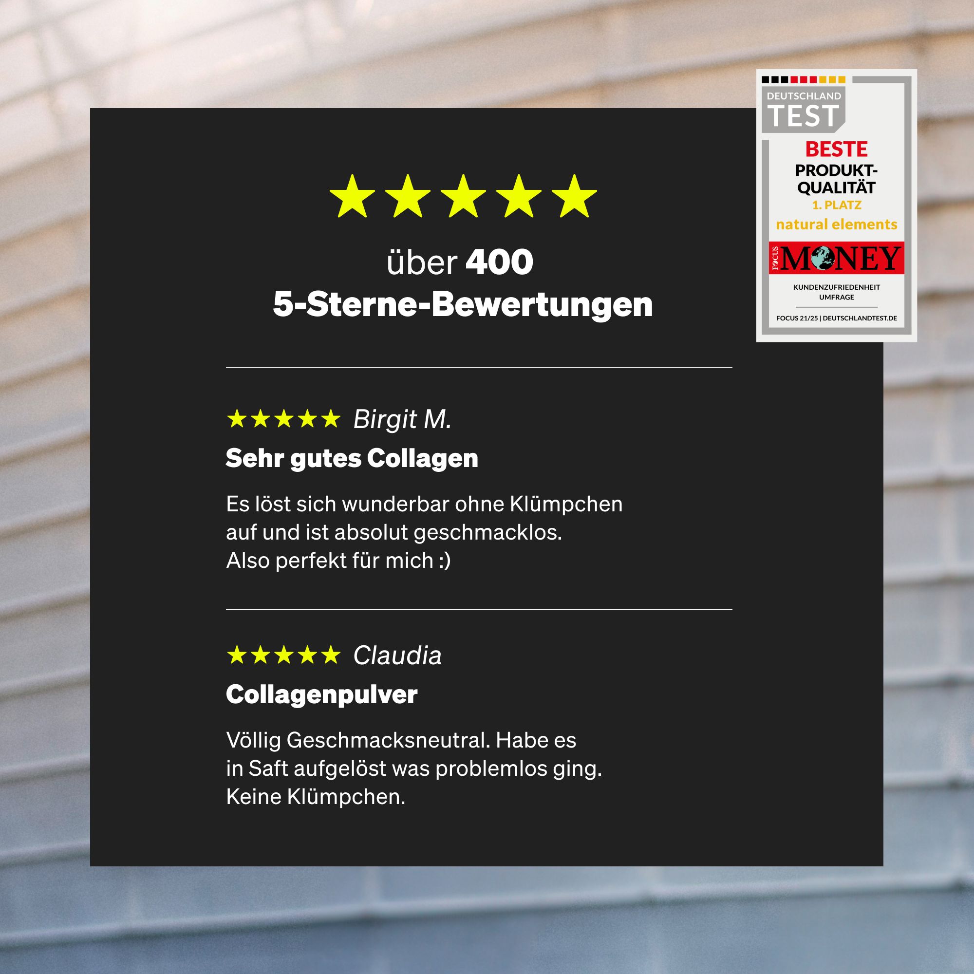 Recensioni a 5 stelle. Testo: Oltre 400 recensioni a 5 stelle. Logo: Deutschland Test. Logo: Money.