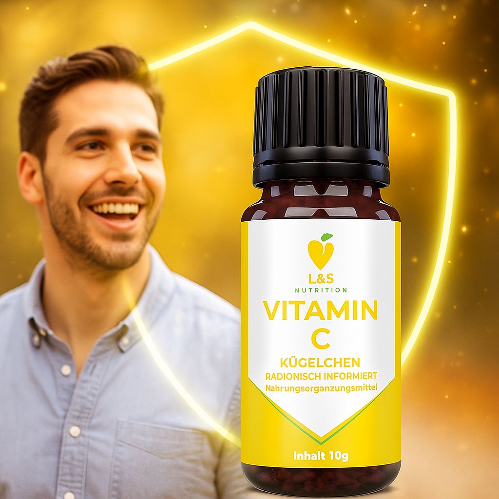 Flacone di vetro marrone con tappo nero ed etichetta gialla. Uomo sorridente sullo sfondo. Scritta: Vitamin C Kügelchen, contenuto 10g.